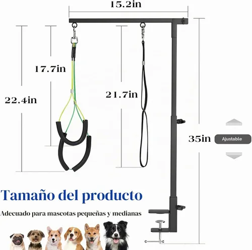 Vista 2 de Pawaboo Brazo de mesa de aseo para perros con abrazadera, soporte ajustable de aseo para perros de 35 pulgadas y dos soportes libres sin sentarse