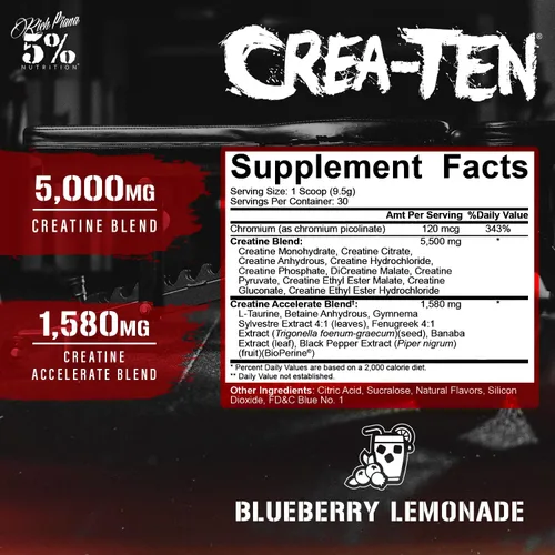 Vista 2 de 5% Nutrition CreaTEN Creatine Complex + Accelerators Creatina en polvo saborizada para ganancia muscular Máxima potencia, fuerza, resistencia