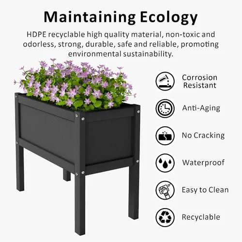 Vista 3 de Cama de jardín elevada con agujeros de drenaje, jardinera elevada impermeable de HDPE con patas, estable y duradera para plantar hierbas, vegetales