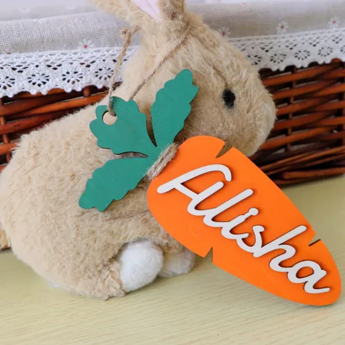 Vista 3 de Etiqueta personalizada para cesta de Pascua, 1 unidad, canasta de Pascua, esenciales, etiqueta con nombre de zanahoria, dinosaurio, madera, etiqueta