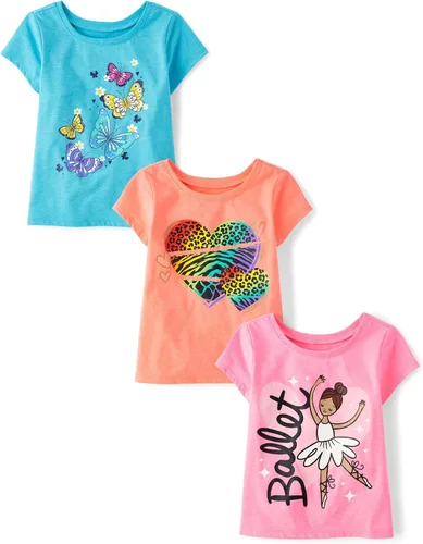 Vista 3 de The Children's Place Camisetas estampadas de manga corta para bebés y niñas pequeñas, con diseño de unicornios y mariposas, a la moda, paquete de 3