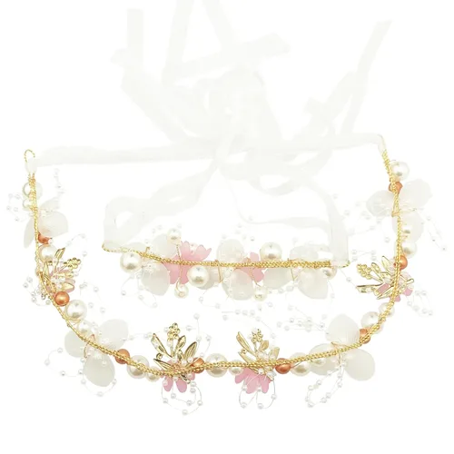 Vista 5 de Tocado de flores de perlas de boda con ramillete de muñeca a juego para mujer, accesorios para fiesta de cumpleaños (estilo rosa)