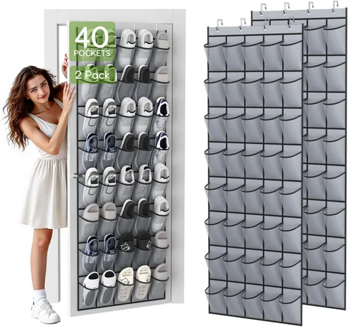 Vista 15 de Organizador de zapatos colgante sobre la puerta con 40 bolsillos grandes de malla transpirable, soporte de zapatos que ahorra espacio, estante