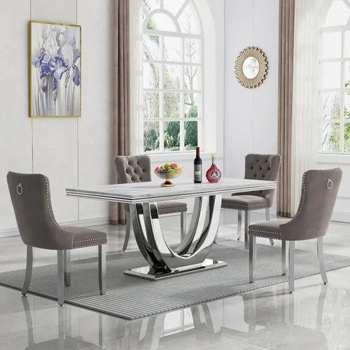 Vista 52 de Juego de mesa de comedor de mármol sintético, 7 piezas, juego de mesa de cocina y comedor para 6, mesa de comedor rectangular blanca de 70 pulgadas