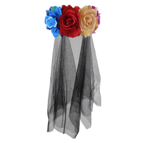 Vista 7 de Velo floral rosa rosa corona velo de Halloween velo negro novias tiara negra Halloween Cosplay accesorios diadema mexicana Día de los Muertos