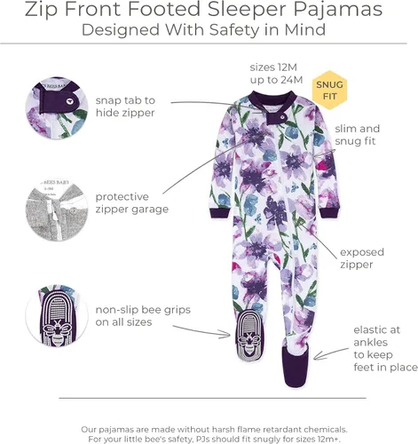 Vista 2 de Burt's Bees Baby - Pijama para niña, con cremallera delantera y pies cerrados antideslizantes, de algodón orgánico 100%, para niñas pequeñas
