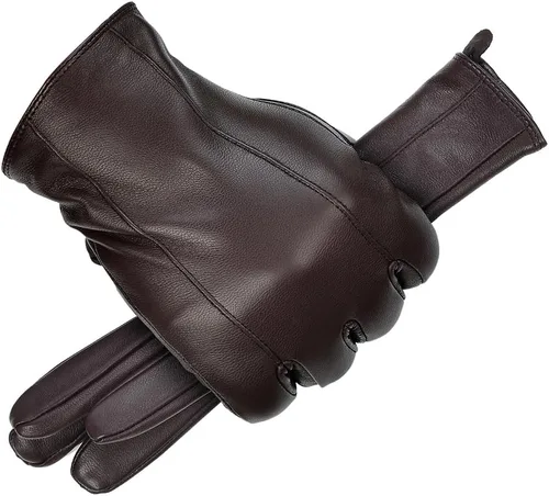 Vista 2 de MGGMOKAY Guantes de cuero para hombre, guantes de invierno de piel de oveja con forro