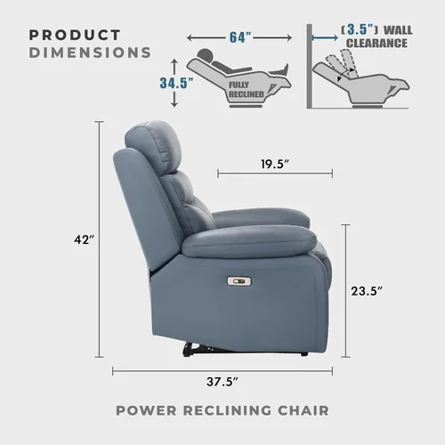 Vista 2 de Lexicon Silla Reclinable para Sala de Estar de Combinación de Cuero, Asientos para Cine en Casa, Sillón Reclinable Pegado a la Pared, Sillón Azul