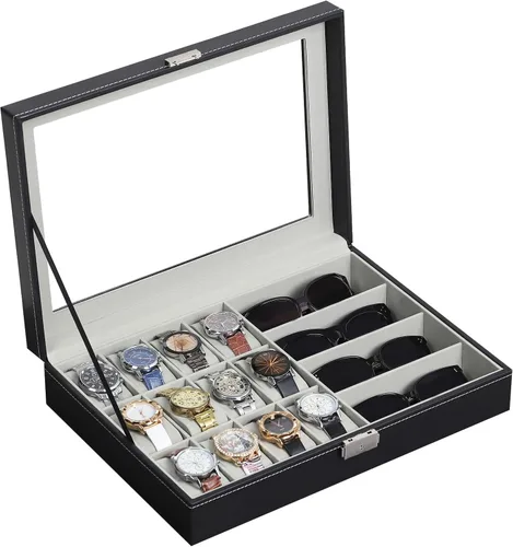 Vista 16 de AUTOARK AW-004 - Caja de cuero para 6 relojes y 3 lentes y gafas de sol con organizador de joyas, cajas de almacenamiento para hombre y mujer, tapa