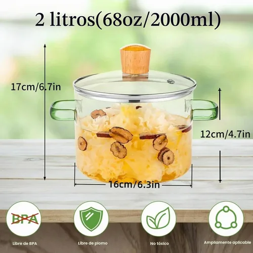 Vista 3 de Olla de cocina de vidrio de 2 L, 68 oz/67.6 fl oz Resistente al calor, sin BPA, fácil limpieza, seguro para horno, lavavajillas, estufa de gas