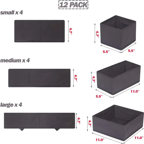 Vista 2 de DIOMMELL Paquete de 12 cajas de almacenamiento de tela plegables para armario, aparador, cajón, cestas de tela, contenedores divisores para ropa