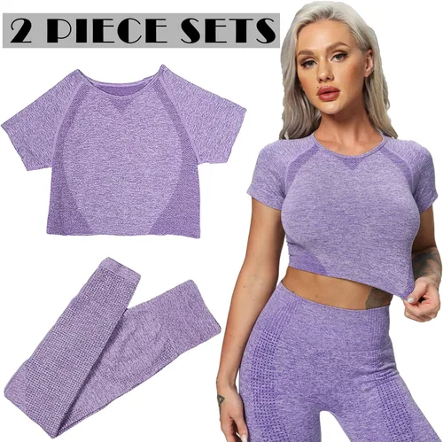 Vista 2 de YOFIT Women's Workout Outfit 2 Pieces Seamless High Waist Yoga Leggings with Long Sleeve Crop Top Gym Clothes Set