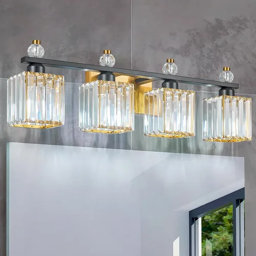 Vista 26 de Luces de Tocador de Baño de 3 Luces, Placado Negro, Modernas Luces de Tocador de Cristal para Baño, Luces de Tocador de Cristal para Usar Sobre