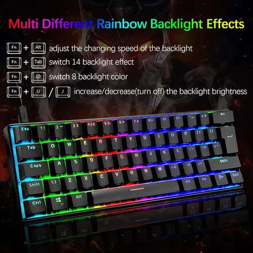 Vista 4 de Teclado mecánico para juegos y mouse ligero de panal con retroiluminación RGB arco iris, 61 teclas, ergonómico, programable, con cable, USB