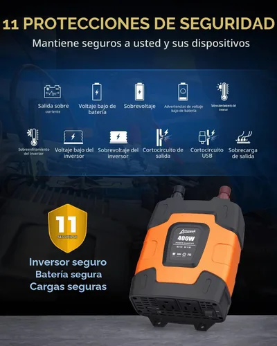 Vista 2 de Ampeak - Inversor de potencia de 400 W, 4.8A con doble puerto USB, 2 salidas de AC, inversor de coche, 12V DC a 110V AC, 11 protecciones