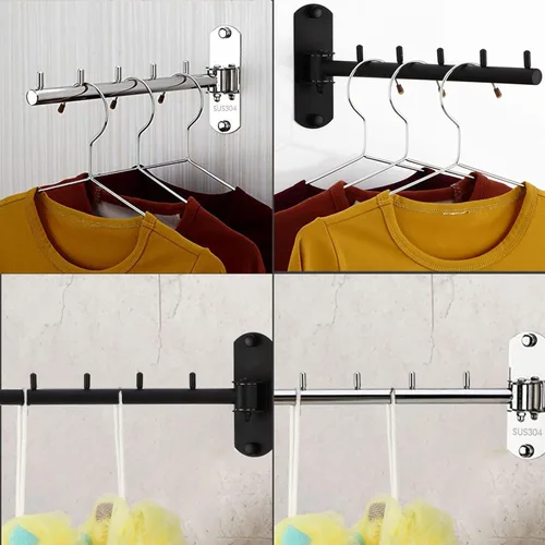 Vista 5 de Paquete de 2 percheros plegables de pared con brazo oscilante de acero inoxidable resistente para baño, dormitorio, cuarto de servicio, color negro