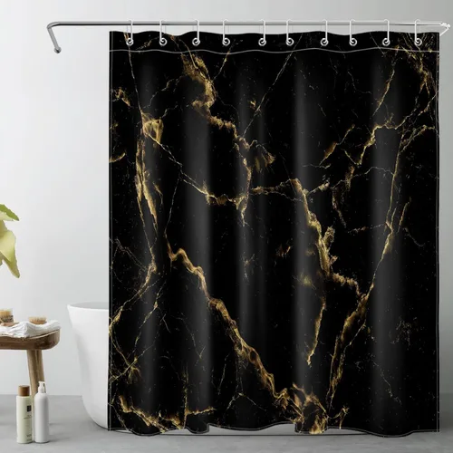 Vista 10 de Cortina de ducha de mármol negro y dorado, con citas divertidas Fuck It Get Naked de arte abstracto de mármol para baño, 60 x 72 pulgadas, tela