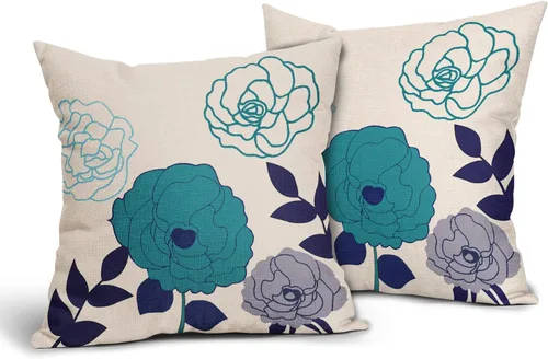 Vista 35 de Sweetshow Juego de 2 fundas de almohada florales de color azul marino de 16 x 16 pulgadas, fundas de almohada cuadradas de lino con estampado
