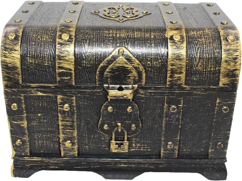 Vista 17 de Cofre del tesoro pirata para niños: pequeña caja del tesoro con cerradura y llave, caja de colección vintage de plástico para almacenamiento