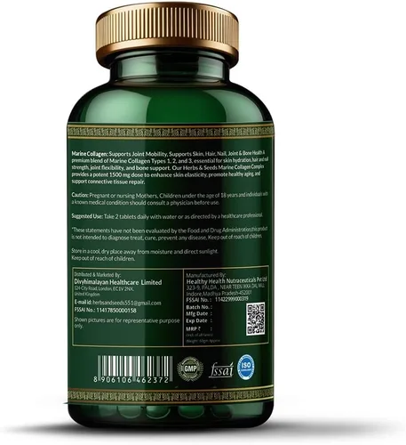 Vista 3 de Herbs & Seeds Píldoras de colágeno marino para mujeres y hombres, 120 cápsulas Tipo I, II, III, V, X - Péptidos de colágeno hidrolizados