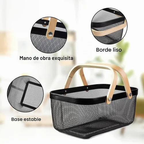 Vista 6 de Cesta portátil de cosecha de jardín, diseño de malla, cesta de almacenamiento de alambre con mango de bambú natural, cesta de malla con asa