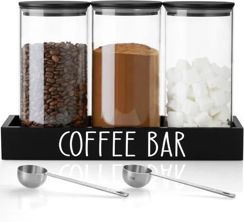 Vista 9 de Recipiente de Vidrio para Café Molido - Juego de 2 Piezas de 45oz de Recipientes para Café y Azúcar con Tapas Herméticas de Bambú y Bandeja Negra