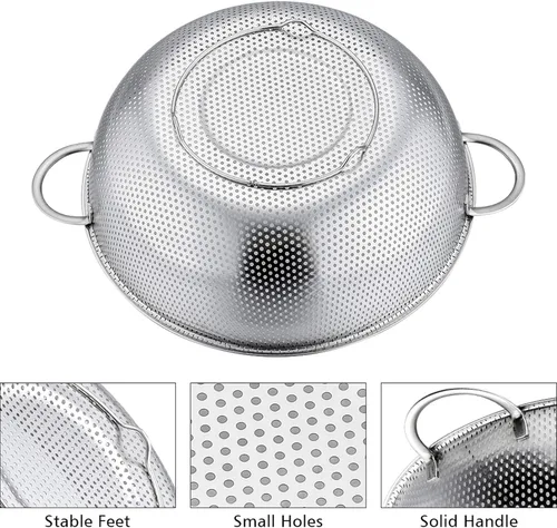 Vista 3 de P&P CHEF Colador de 3 coladores microperforados de acero inoxidable para drenar y enjuagar, ideal para pasta, verduras, frutas, resistente y apto