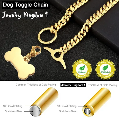Vista 6 de Collar de cadena para perro de 18 quilates, cadena de eslabones cubanos de 0.394 in, fuerte, resistente, a prueba de mordidas, ajustable, con cierre