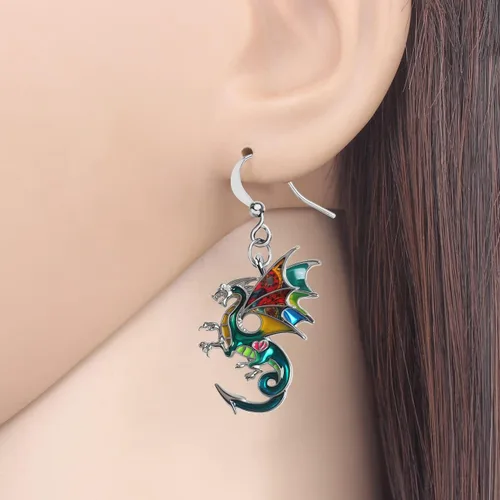 Vista 2 de Aretes de dragón de fantasía de dinosaurio de aleación esmaltada, colgantes únicos, joyería de animales para mujeres, regalos de dragones