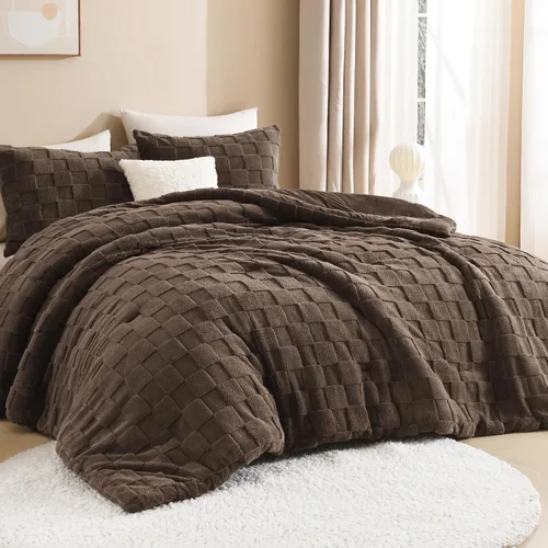 Vista 18 de Litanika - Juego de edredón esponjoso tamaño individual color beige, 3 piezas, ropa de cama de sherpa de felpa cálida para invierno, juego de cama