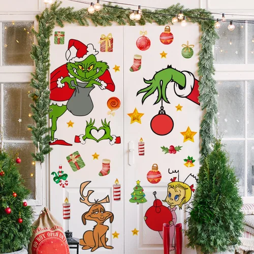 Vista 4 de Adhesivo decorativo para puerta de Navidad, calcomanías de puerta de vidrio de temporada extraíbles con calcomanías de copo de nieve para ventana