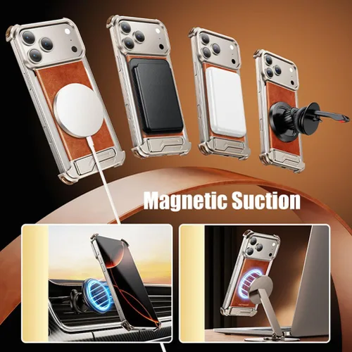 Vista 4 de Magnetic Case for iPhone 17/17 Air/17 Pro/17 Pro Max, Luxury Genuine Leather Oil Wax Cover Metal Borderless Holder Shell Wireless Charging(Silver,17