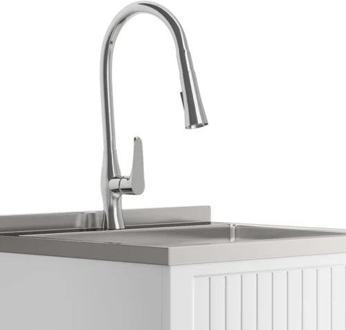 Vista 9 de SIMPLIHOME Beckham - Lavabo y armario de lavandería todo en uno de 24 pulgadas de ancho en acabado blanco puro, gabinete de fregadero de acero