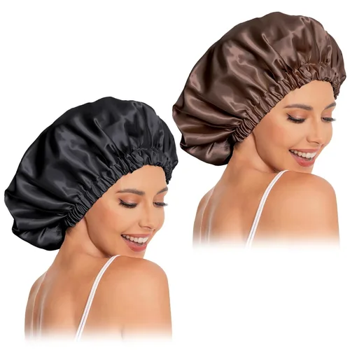 Vista 7 de Gorro de satén de seda para dormir, gorro de satén para dormir, gorro de satén para dormir para cabello natural y rizado (negro y verde negruzco)