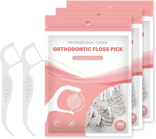 Vista 8 de Hilo dental de ortodoncia para aparatos ortopédicos, 100 púas de hilo dental Orth para niños o adultos, cómodos irrigadores dentales, cuidado bucal