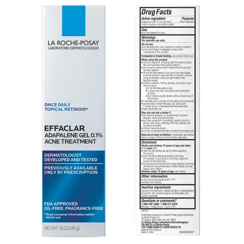 Vista 2 de La Roche-Posay Effaclar Adapalene Gel 0.1% Tratamiento para el acné, crema retinoide, gel medicamento para puntos negros y puntos blancos, sin