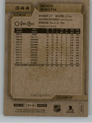 Vista 2 de 2018-19 OPC O-Pee-Chee Hockey #344 Mike Smith Calgary Flames Official 18/19 NHL Trading Card