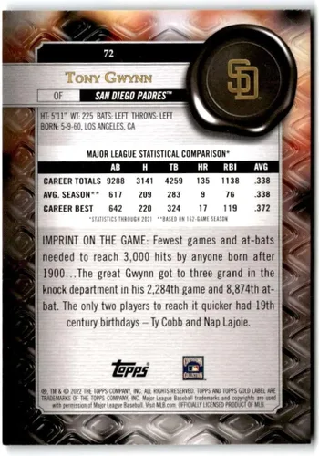 Vista 2 de 2022 Topps Gold Label Class 3#72 Tony Gwynn San Diego Padres Baseball Trading Card