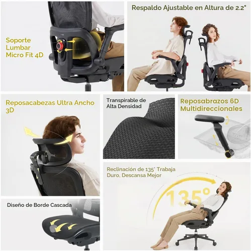 Vista 3 de SIHOO B300 Pro Ergonomic Office Chair Without Footrest, 4D Lumbar Support Negro