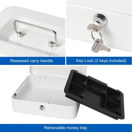 Vista 2 de Caja de dinero con bandeja de dinero y cerradura, caja de dinero de metal para efectivo, caja de seguridad 9.84 x 7.87 x 3.54 pulgadas, color blanco