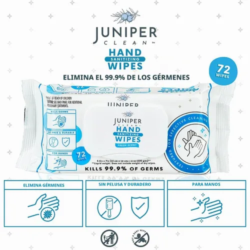 Vista 3 de Juniper CLEAN, 1 paquete de toallitas desinfectantes de manos, 72 toallitas desinfectantes de manos desechables, aroma fresco, sin pelusa y duraderas