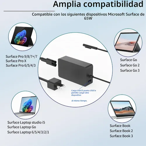 Vista 4 de Cargador de 65 W y 44 W compatible con Microsoft Surface Pro 9 8 7+ 7 6 5 4 3 X Surface Laptop 5 4 3 2 1 compatible con modelos 1706 1950 1943 1876