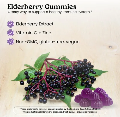 Vista 3 de VITA GLOBE Gomitas de saúco con vitamina C y zinc, suplemento diario para apoyo inmunológico y bienestar, extracto de saúco con antioxidantes en un