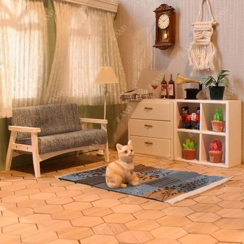 Vista 5 de iLAND Juego de sofá de casa de muñecas y sofá en miniatura con mini cojines de pata de gallo, muebles de casa de muñecas en escala 1/12 para sala