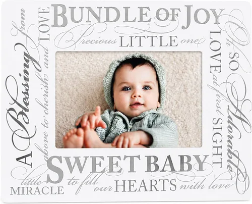 Vista 2 de Malden International Designs Bundle of Joy - Marco de fotos para bebé, de 4 x 6 pulgadas, color blanco con sentimientos de lámina plateada