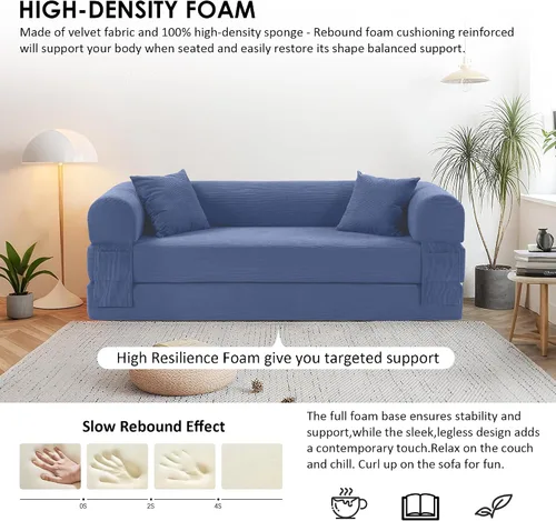 Vista 7 de Sofá cama convertible de 80 pulgadas, sofá cama plegable de pana 3 en 1 con almohadas, sofá moderno sin hueso, sofá de compresión en caja, sofá