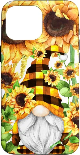Vista 19 de iPhone 16 Gnomo de girasol con sombrero de cuadros de búfalo para niñas de moda lindo caso