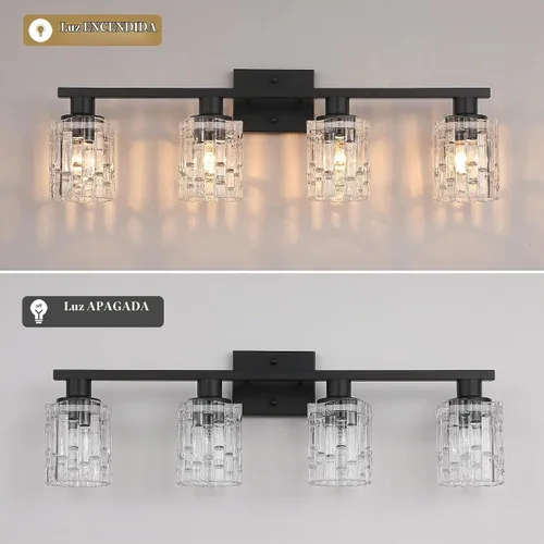 Vista 5 de Lámpara de tocador de baño de 4 luces negras mate, iluminación moderna de tocador con pantalla de vidrio de cristal, accesorios de iluminación