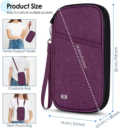 Vista 7 de BKNOOU Soporte para pasaporte familiar, organizador de documentos de viaje con correa cruzada para muñeca, cartera impermeable para pasaporte