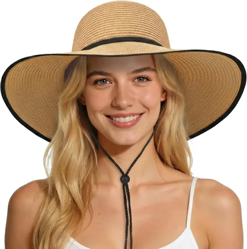 Vista 8 de Sombreros de sol para mujer, sombrero de playa de paja de ala ancha de Beige claro
